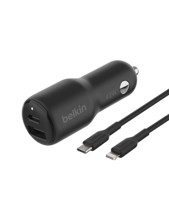 Belkin BoostCharge Dual Car Charger 42W wFast Charge USBC 30W PPS 12W USBA Ports USBC to Lightning Cable for Apple iPhon
