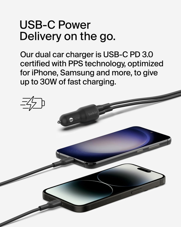 Belkin BoostCharge Dual Car Charger 42W wFast Charge USBC 30W PPS 12W USBA Ports USBC to Lightning Cable for Apple iPhon