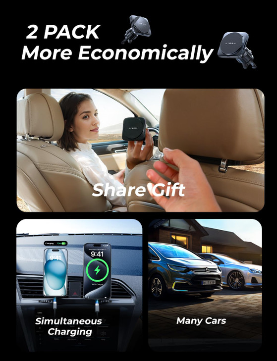 LISEN 2 Pack Fits Magsafe Car Mount Charger for iPhone 17 Car Mount Heat Dissipation 15W Magnetic Wireless Car Charger 2