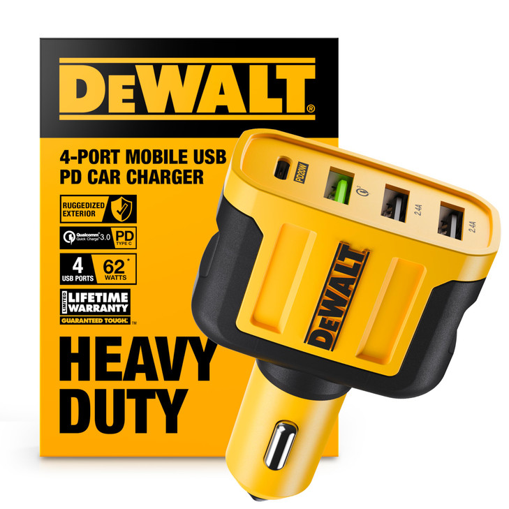 DEWALT Heavy Duty 4 Port USB C Car Charger Multiport Fast 60W USB Cigarette Lighter Adapter PD Type C Multi Car Phone Ch