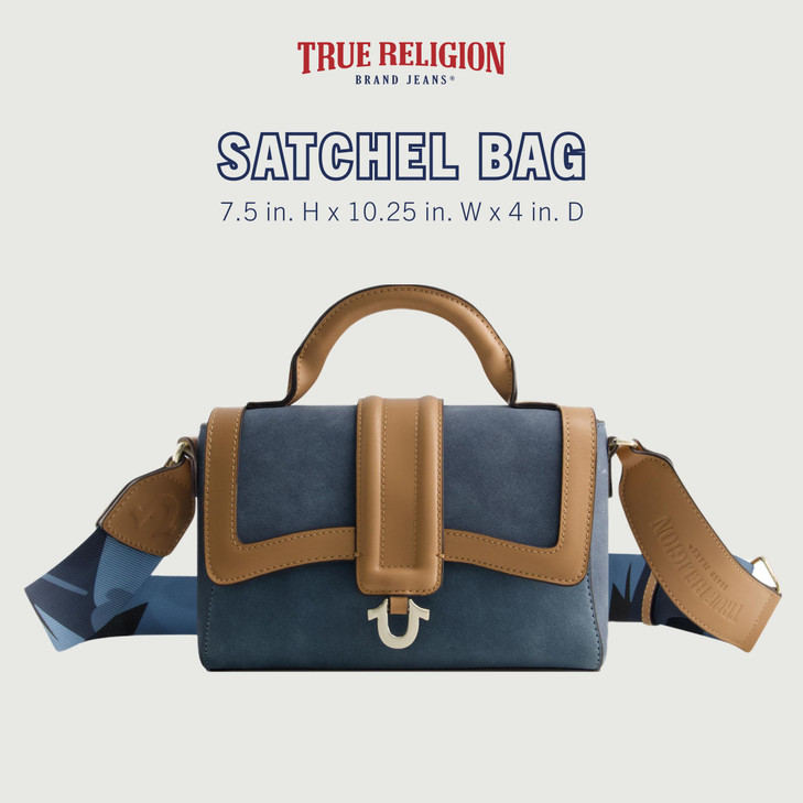 True Religion Womens Satchel Bag Purse Mini Crossbody Travel Handbag with Camo Adjustable Shoulder Strap Blue
