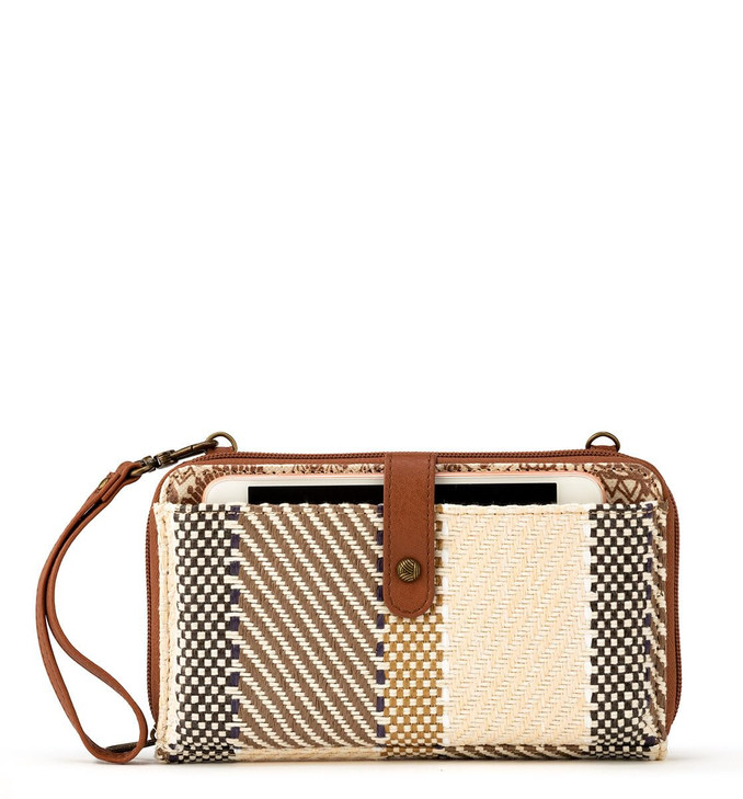 Sakroots Large Smartphone Crossbody in Canvas Detachable Wristlet Strap Tobacco Batik World Woven