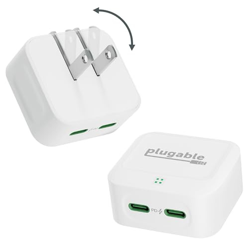 Plugable Dual USB C Charger Block 40W Foldable 2Port Fast Charging Flat USB C Wall Charger Power Delivery for iPhone 16