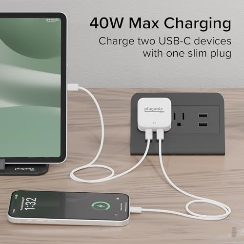 Plugable Dual USB C Charger Block 40W Foldable 2Port Fast Charging Flat USB C Wall Charger Power Delivery for iPhone 16