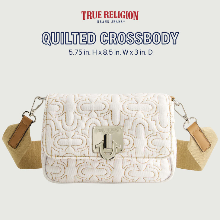 True Religion Womens Crossbody Bag Quilted Denim Purse Handbag with Adjustable Removable Shoulder Strap White