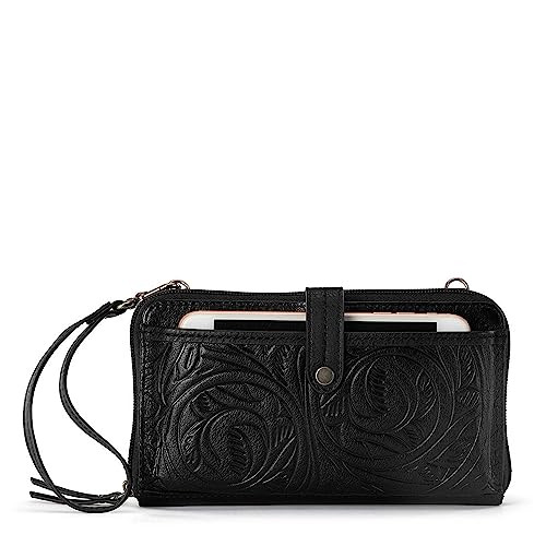 The Sak Iris Large Smartphone Crossbody Bag in Leather Convertible Wristlet Purse Design Black Leaf Embossed