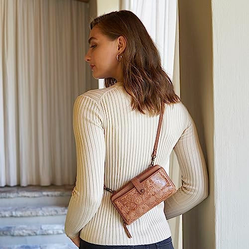 The Sak Iris Large Smartphone Crossbody Bag in Leather Convertible Wristlet Purse Design Black Leaf Embossed