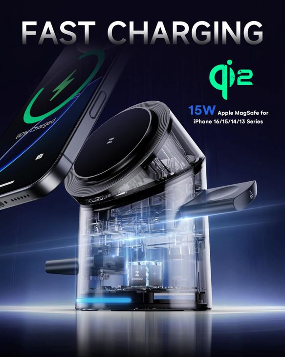 ZEEHOO 3 in 1 Charging Station for Apple Devices MagSafe Charger Stand Qi2 15W AutoRotating Wireless Charger for iPhone