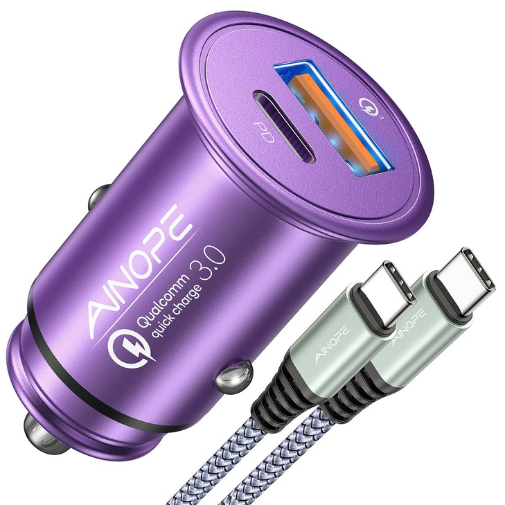 AINOPE 675W Car Charger USB C Fast Charging Mini Compact iPhone 16 Car Charger Dual Port QC30 Cigarette Lighter Adapter
