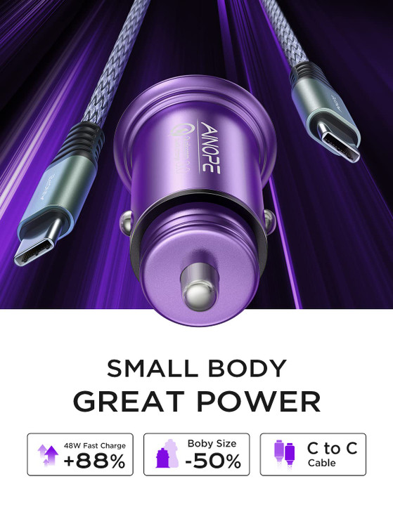 AINOPE 675W Car Charger USB C Fast Charging Mini Compact iPhone 16 Car Charger Dual Port QC30 Cigarette Lighter Adapter