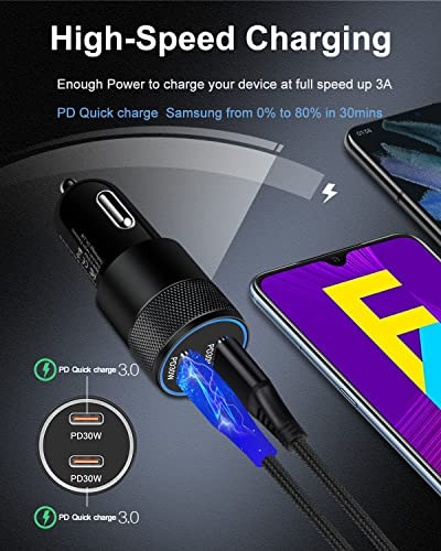 Super Fast Car Charger for Samsung Galaxy A17 60w DualPort USBC Car Charger Cigarette Lighter Adapter Pd Typec to C Cabl