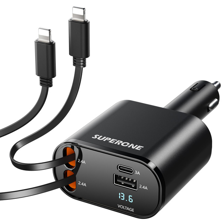 SUPERONE 4in1 Car Charger with Retractable Apple Cords USB C Charger Car Adapter Compatible with iPhone 17161514131211 P