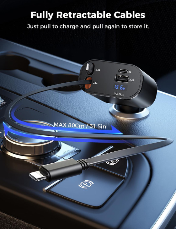 SUPERONE 4in1 Car Charger with Retractable Apple Cords USB C Charger Car Adapter Compatible with iPhone 17161514131211 P