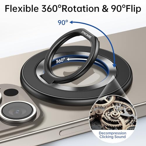 SYNCWIRE Magnetic Phone Ring Holder for MagSafe 360 Rotation Cell Phone Grip Stand Finger Ring Kickstand TwoSided Magnet