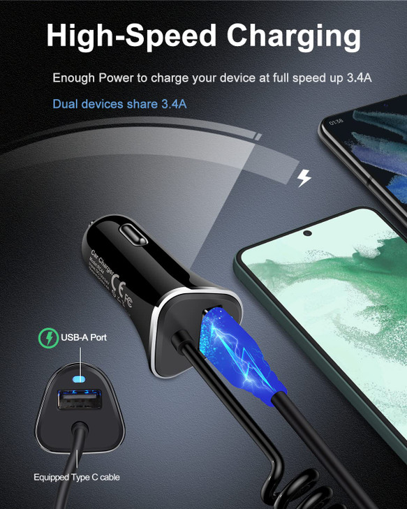 AILKIN Car Charger USB C for Samsung Galaxy USB Cigarette Lighter Adapter for iPhone 17 16e 16 Pro Max 15 Plus Vehicle A