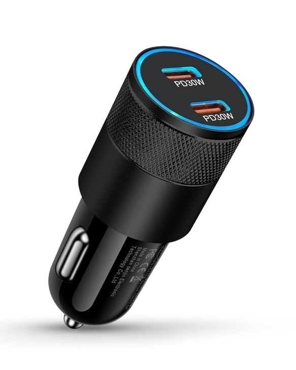 60W USB C Car Charger Dual PD 30 Fast Charging Adapter Flush Fit Cigarette Lighter Plug for iPhone 17 16 15 Pro Max 16e