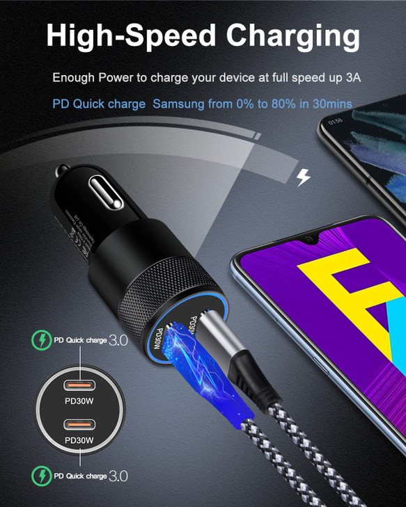 60W USB C Car Charger Dual PD 30 Fast Charging Adapter Flush Fit Cigarette Lighter Plug for iPhone 17 16 15 Pro Max 16e