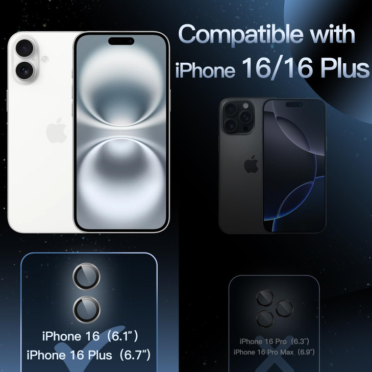 JETech Camera Lens Protector for iPhone 16 61Inch and iPhone 16 Plus 67Inch 9H Tempered Glass Metal Individual Ring Cove