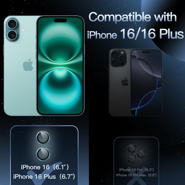 JETech Camera Lens Protector for iPhone 16 61Inch and iPhone 16 Plus 67Inch 9H Tempered Glass Metal Individual Ring Cove