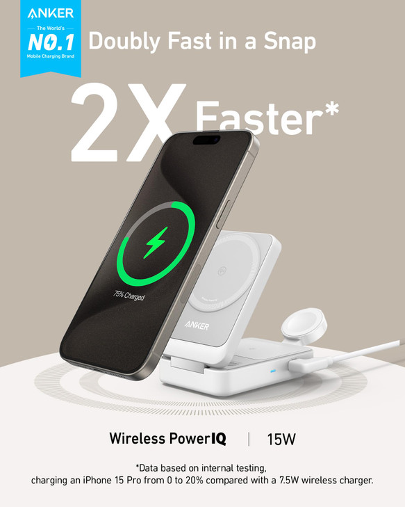 Anker MagGo 3 in 1 iPhone 17 Charging Station MagSafeCompatible Wireless Charger Stand Qi2 Certified 15W Foldable Charge
