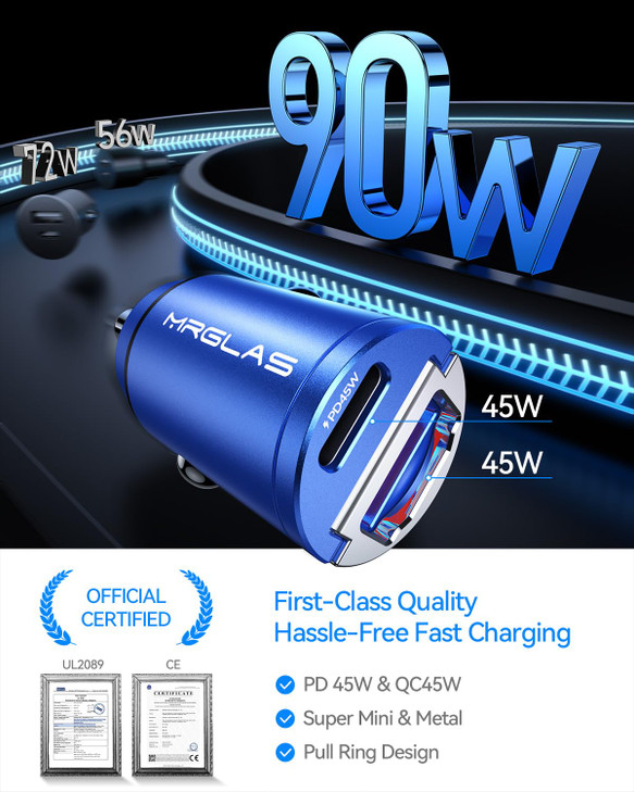 MRGLAS 90W USB C Car Charger Fast Charge PD45W QC45W Flush Fit Extra 33ft Type C Cable All Metal Cigarette Lighter USB C