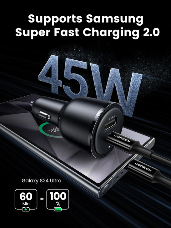UGREEN 63W USB C Car Charger Adapter PPS 45W Super Fast Charging 20 Type C Car Charger Cargador para Carro Dual USB C fo