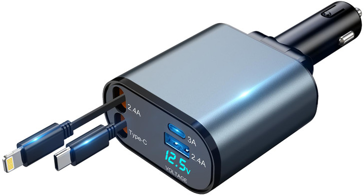 4 in 1 Retractable Car Charger 60W Fast Car Phone Charger with Retractable Cord Type C and Lightning Compatible with iPh