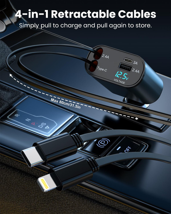 4 in 1 Retractable Car Charger 60W Fast Car Phone Charger with Retractable Cord Type C and Lightning Compatible with iPh