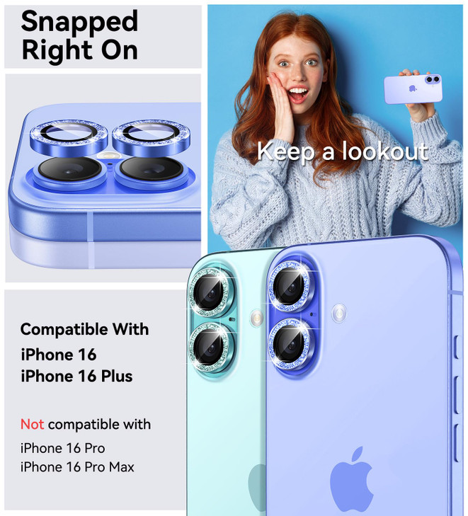 Matekxy for iPhone 16 Plus Camera Lens Protector Glitter for iPhone 16 9H AntiScratch Tempered Glass with Aluminum Edgin