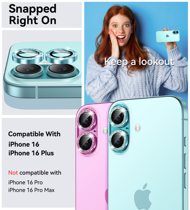Matekxy for iPhone 16 Plus Camera Lens Protector Glitter for iPhone 16 9H AntiScratch Tempered Glass with Aluminum Edgin