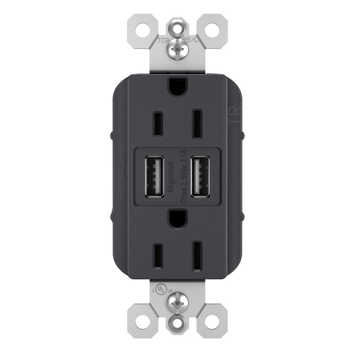 Legrand radiant TM826USBGCCV4 15 Amp Decorator Duplex Tamper Resistant Outlet Receptacle with 31A Type A USB Charger Gra