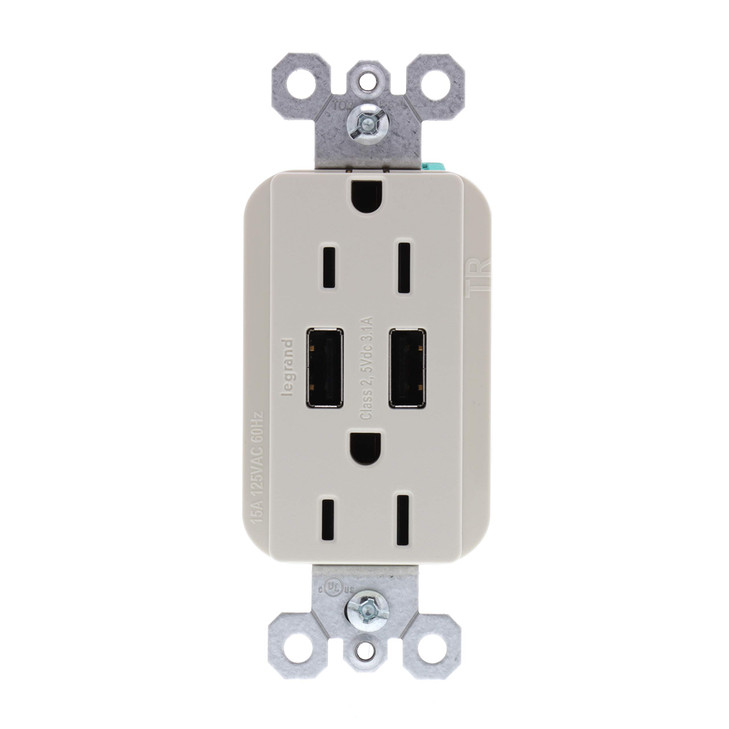Legrand radiant TM826USBLACCV4 15 Amp Decorator Duplex Tamper Resistant Outlet Receptacle with 31A Type A USB Charger Li
