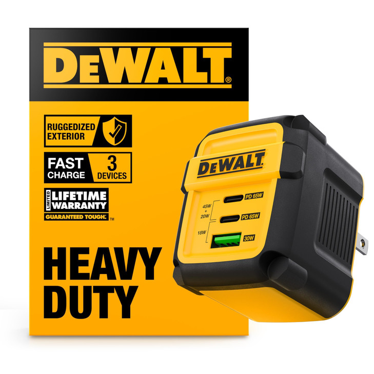 DEWALT Heavy Duty 3 Port Dual USB C Charger Block USB C Power Adapter GaN Charger 65W PPS 3Port Fast Compact Foldable fo