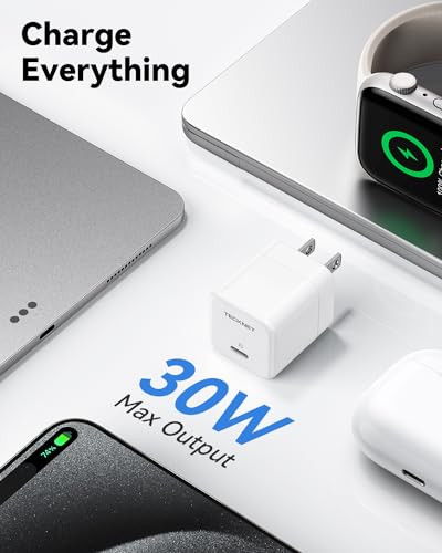 TECKNET USB C Charger Block Mini Foldable Plug Charger Fast Charging 30W PD Wall Charger with 5FT TypeC Cable for iPhone