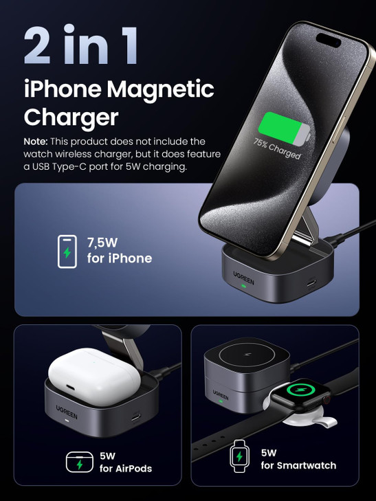 UGREEN MagFlow Magnetic Foldable Charging Station 2in1 Fast Wireless Charger Compatible with iPhone 17 17 Air 17 Pro 17