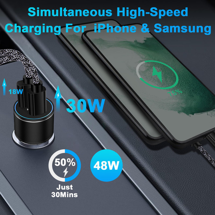 48W USB C Car Charger All Metal 12V USB Outlet PD QC 30 Fast Charge iPhone Car Charger Adapter Type C Flush Fit Car Plug