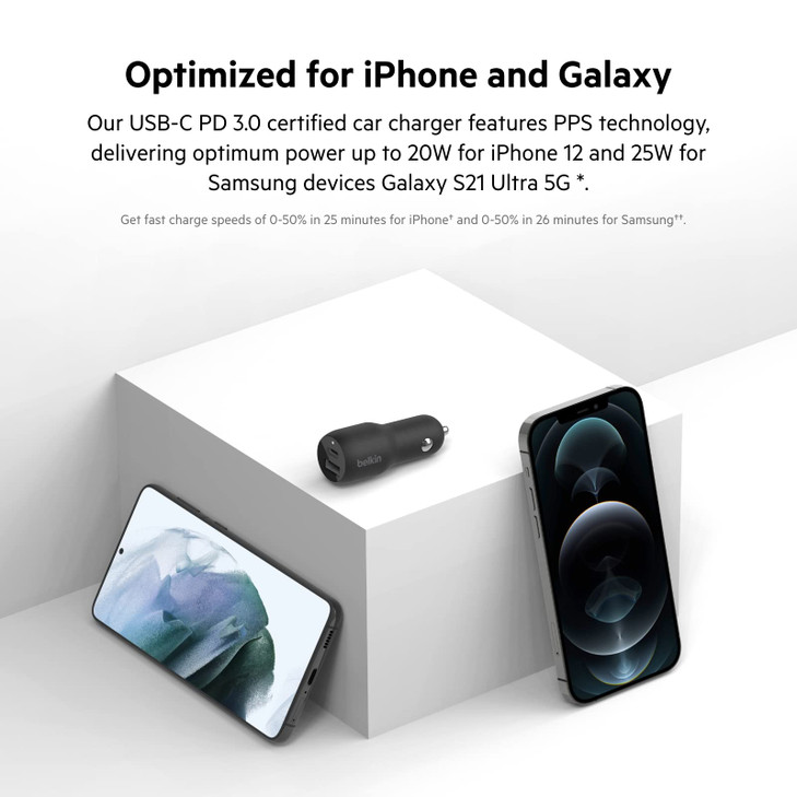 Belkin 37W Dual Port Fast Car Charger with 33ft USBC Cable Included USBC 25W PPS Port and USBA 12W Port for Galaxy S23 S