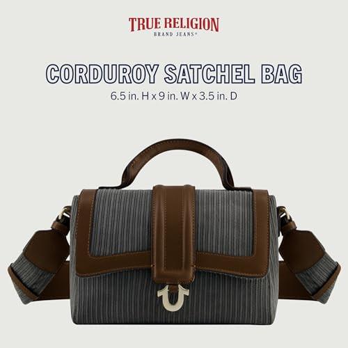 True Religion Womens Satchel Bag Purse Corduroy Mini Crossbody Travel Handbag with Adjustable Shoulder Strap Grey