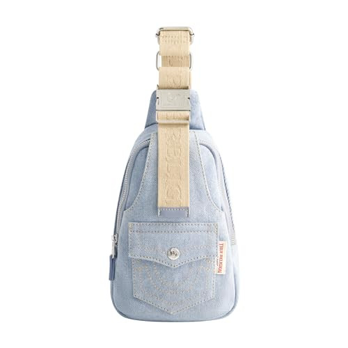 True Religion Womens Sling Bag Denim Small Travel Backpack with Adjustable Shoulder Crossbody Strap and Front Pocket Den