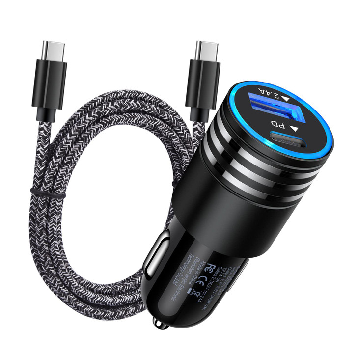 30W Fast iPhone Car Charger Type C Cigarette Lighter Adapter Car Plug with 3FT USB C to USB C Fast Charging Cable for iP