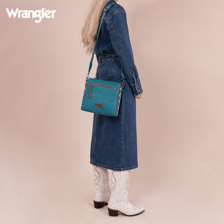 Wrangler Crossbody Bag for Women Western Aztec Crossbody Purse Meidum Shoulder Handbag Mom Purse with Wide Strap for Eve