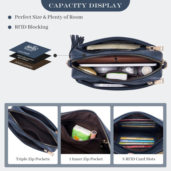 Roulens Triple Zip Small Crossbody Bag for womenWide Strap Cell Phone Purse Shoulder Handbag Wallet with Credit Card Slo