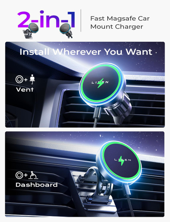 LISEN for 15W MagSafe Car Mount ChargeriPhone Magnetic Wireless Car Charger for iPhone 16 Pro Max AccessoriesCar Phone H