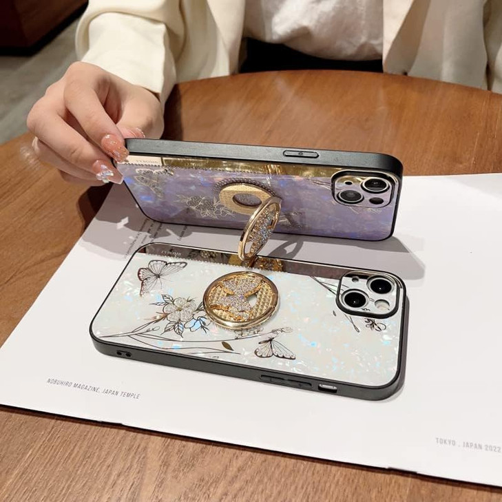 Changjia for iPhone 16 Pro Glitter Kickstand CaseCute Bling Marble Conch Shell Floral Butterfly with Ring Stand Mirror E