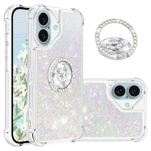LEMAXELERS Compatible with Apple iPhone 16 Case with Ring Kickstand Soft TPU Glitter Bling Sparkle Quicksand Flowing Liq