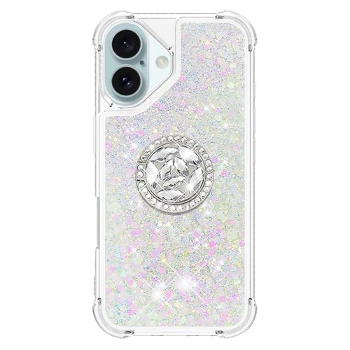 LEMAXELERS Compatible with Apple iPhone 16 Case with Ring Kickstand Soft TPU Glitter Bling Sparkle Quicksand Flowing Liq