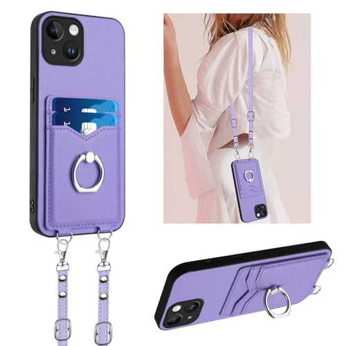 LEMAXELERS Case for iPhone 16 with Card Holder and Ring Stand for Women with Crossbody Lanyard Removable Shoulder Lanyar
