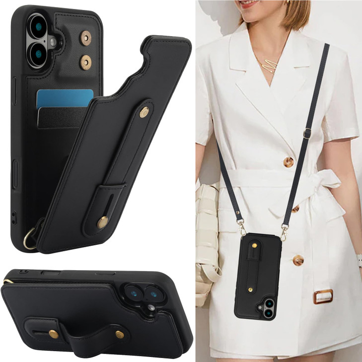 MRRSIWEI Crossbody Wallet Case for iPhone 16 RFID Blocking PU Leather Lanyard Purse with Card Slots Holder Wrist Strap K