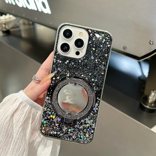 LEMAXELERS Glitter Case for iPhone 16 Pro Max 69 with Makeup Mirror Holder Design for Women Girls Transparent Soft TPU S