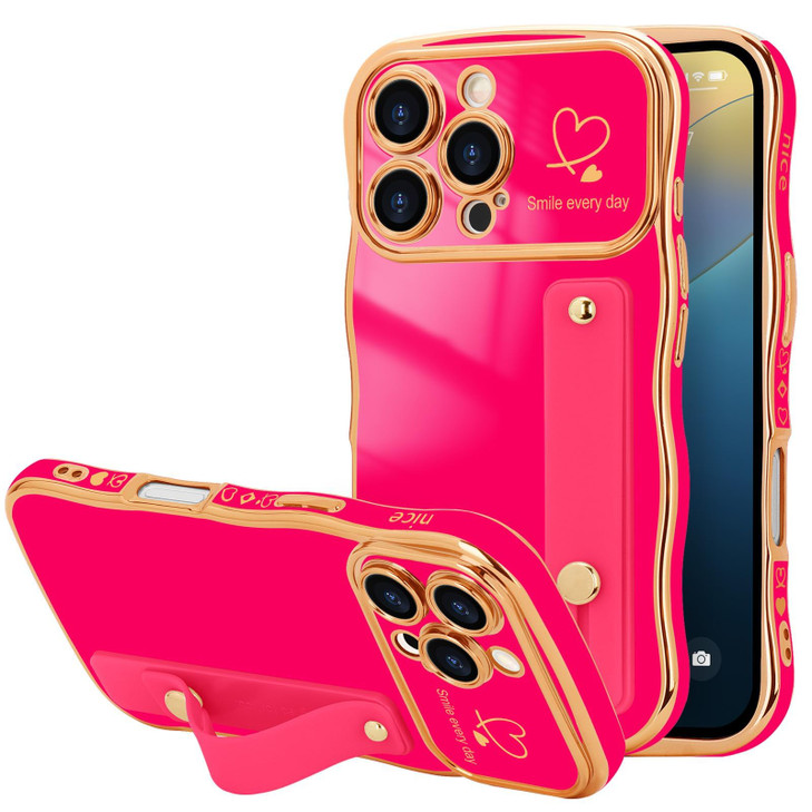 LLZCOQUE for iPhone 16 Pro Case for Women Girls with Strap Wave Frame Cute LoveHeart Plating Bling Stand Cover Raised Fu